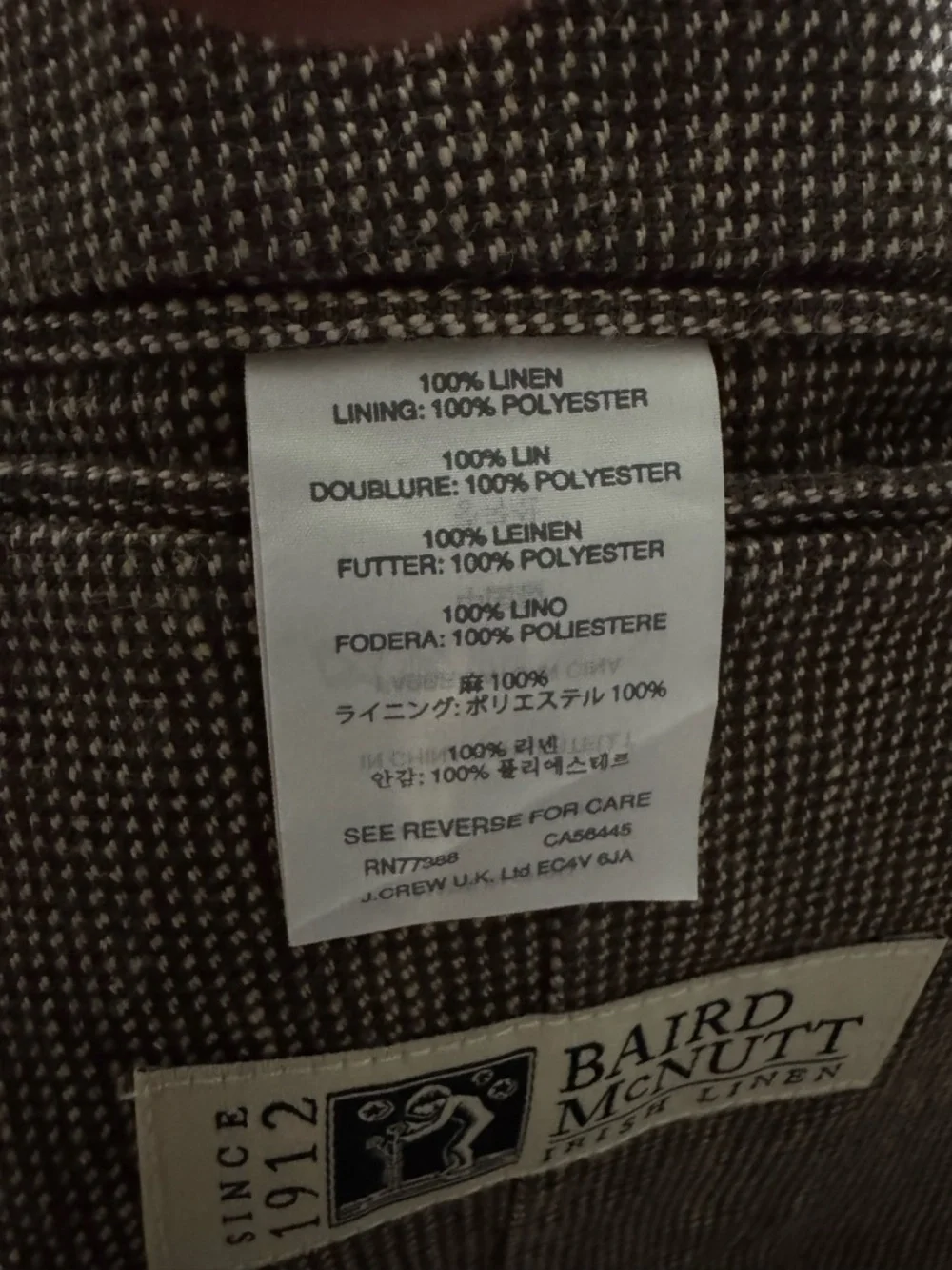J. Crew brown Irish linen sport coat jacket 42R Baird Mcnutt two button closure